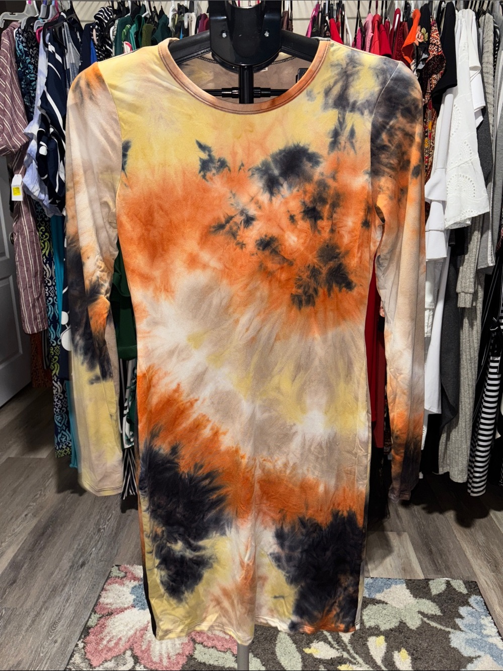 Heart & Hips Long Sleeve Tie-Dye Bodycon Dress in Orange, Yellow & Black